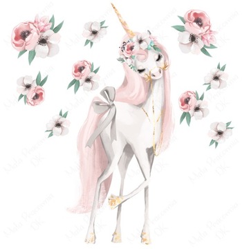 Jednorożec, pastelowe kwiaty, unicorn naklejka