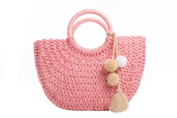 TOREBKA KOSZYK Z POMPONAMI IDEALNY NA LATO, RÓŻOWY Z PODSZEWKĄ