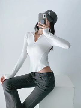 Korean fashion white crop top sexy casual long sle