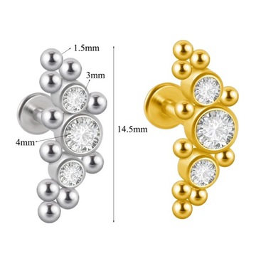 Piercing de acero quirúrgico para labio Labret, Gema de cristal chapada en