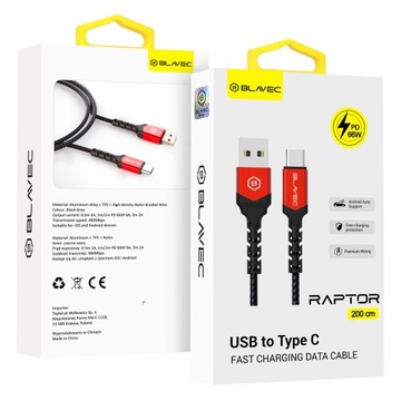 Blavec Kabel Raptor pleciony USB na Typ C PD 66W 6A 2m czarno-czerwony
