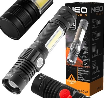 LATARKA RĘCZNA AKUMULATOROWA USB 800 LM 2 W 1 CREE T6 LED NEO TOOLS