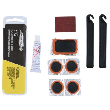 ZESTAW NAPRAWCZY DO DĘTEK KÓŁ OPON ŁATKI KLEJ 9 ELEMENTÓW BOX BICYCLE GEAR