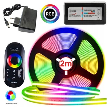 TAŚMA LED RGB COB KOLOROWA Z CZARNYM PILOTEM STEROWNIKIEM I ZASILACZEM 2M