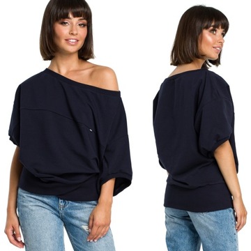 BAWEŁNIANA DAMSKA BLUZA DRESOWA OVERSIZE RĘKAWY KIMONO GRANATOWA 36/38 S/M