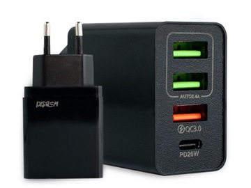 MOCNA SZYBKA ŁADOWARKA SIECIOWA ZASILACZ KOSTKA USB 4 PORTY QC3.0 PD20W