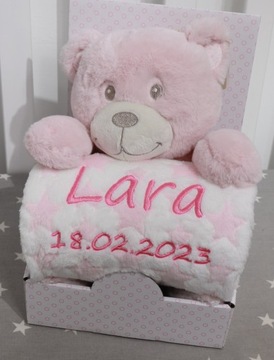 Zestaw MIŚ - Kocyk z imieniem i obrazkiem + różowa MASKOTKA baby shower