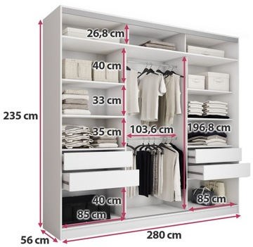 Шкаф-купе с зеркалом 280 см TOP MAX белый с полками и штангой