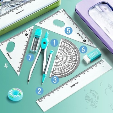7 szt. Zestaw kompasów Linijka Kątomierz Zestaw Student