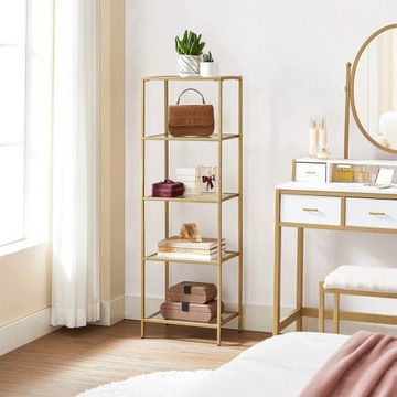 ZŁOTY REGAŁ GLAMOUR DO SALONU, SZKLANE PÓŁKI 124cm