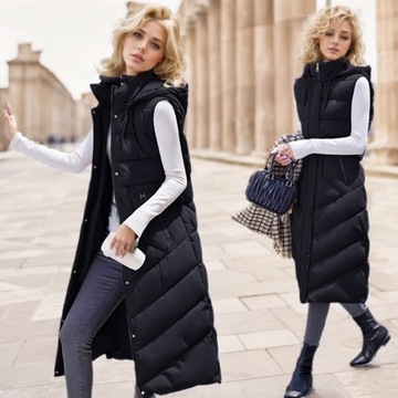 2024Nowy PIKOWANA DŁUGA KAMIZELKA DAMSKA PUCHOWA BEZRĘKAWNIK Z KAPTUREM XL