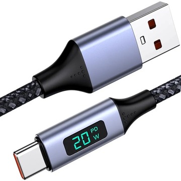 WZMACNIANY SZYBKI KABEL TYP-C MIERNIK LED 20W 3A