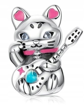 Srebrny Charms KOT Z GITARĄ Zawieszka BEADS GITARA