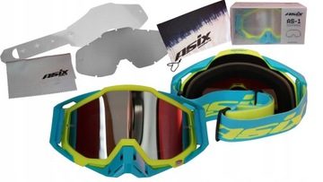 GOGLE MOTOCYKLOWE Okulary Cross Quad ATV Niebieskie LUSTRO Etui Microfibra