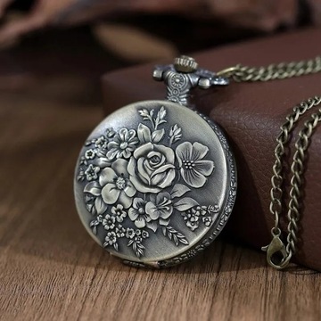 Zegarek Kieszonkowy Brązowy - Kwiaty / Róże + Łańcuszek - Pomysł na Prezent