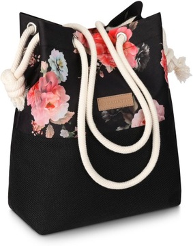 Torebka damska worek pojemna torba na ramię shopper czarna w kwiaty ZAGATTO
