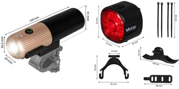 LAMPKA ROWEROWA ZESTAW NA PRZÓD I TYŁ LED OŚWIETELNIE ROWEROWE USB-C VAYOX