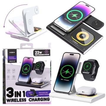 Ładowarka indukcyjna SZYBKIE ŁADOWANIE 3w1 22W ZEGAREK TELEFON SŁUCHAWKI