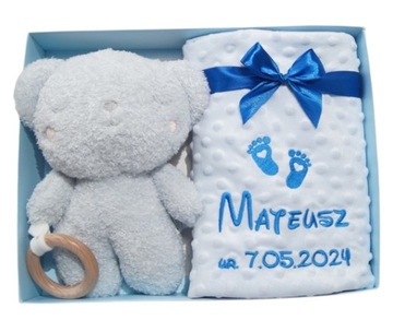 BotoBaby Koc Minky z imieniem HAFT + maskotka z gryzakiem + PUDEŁKO PREZENT