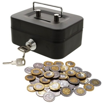 KASETKA SKARBONKA METALOWA klucz pieniądze monety mała