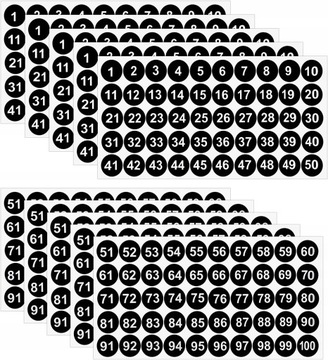 Naklejki z numerami, 10 arkuszy, okrge, 1-100, 2