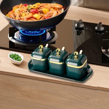 Коробочка для специй Современная баночка для специй Фарфоровая сахарница Три банки Зеленая