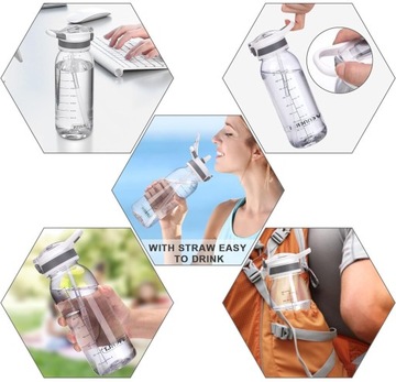 SPORTOWA BUTELKA NA WODĘ ZE SŁOMKĄ BIDON Z MIARKĄ DO PICIA +SZCZOTECZKI 1l