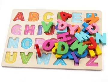 UKŁADANKA ALFABET LITERKI DUŻE LITERY DREWNIANE PUZZLE SORTER
