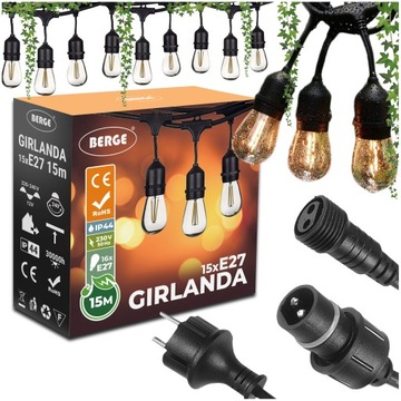 Girlanda Ogrodowa Świetlna 15m+16x Żarówki LED 1W Zewnętrzna Wodoszczelna