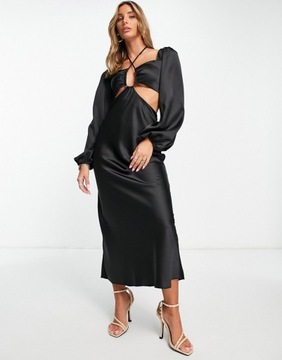 Čierne saténové midi šaty s výrezmi 34