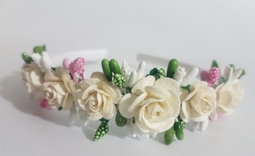 OPASKA KWIATY ECRU+RÓŻ KOMUNIA RÓŻYCZKI