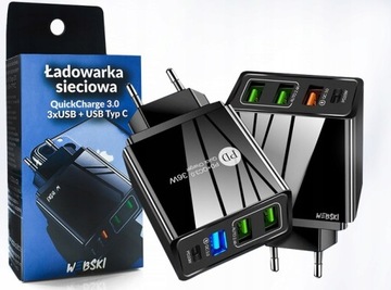 SIECIOWY ZASILACZ DO TABLETU I TELEFONU QC 3.0. 3xUSB+PD TYP C Z KABLEM 5W1
