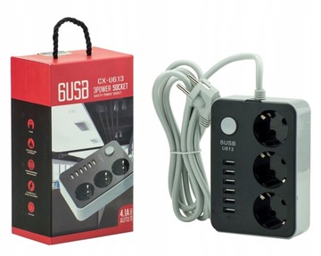 УДЛИНИТЕЛЬ ПИТАНИЯ НА 3 РОЗЕТКИ С ПОРТОМ USB Х 6 ШТ. ДЛУГА 1,8 М