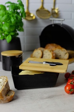 ЧЕРНАЯ ФАРФОРОВАЯ МАСЛЕНКА + НОЖ ДЛЯ МАСЛА С БАМБУКОВОЙ КРЫШКОЙ