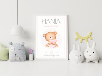 METRYCZKA dla dziewczynki PLAKAT RAMKA RÓŻNE WZORY Narodziny Chrzest Roczek