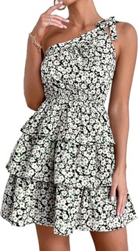 Женское летнее платье на одно плечо в стиле бохо с цветами и резинкой на талии.