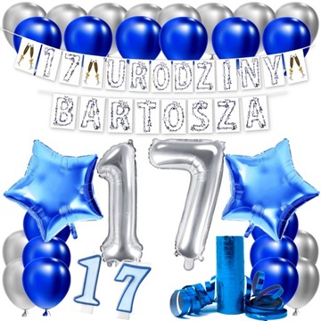 ZESTAW BALONY NA 17 URODZINY LAT GIRLANDA + IMIĘ NIEBIESKI SREBRNY
