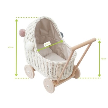 WÓZEK DLA LALEK WIKLINOWY PEŁNE OBSZYCIE BEŻOWE WRAZ Z POMPONAMI