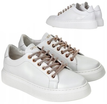 Sportowe Buty Damskie Eleganckie Sneakersy Skórzane CHEBELLO 39 4362 Białe