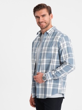 Flanelová pánska košeľa bavlna kockovaná modro-krémová V2 OM-SHCS-0157 L