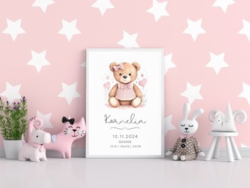 METRYCZKA dla dziewczynki PLAKAT A4 RAMKA Narodziny Chrzest Roczek WZORY
