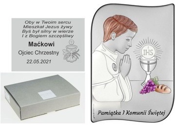 SREBRNY OBRAZEK CHŁOPIEC KOMUNIA GRAWER 8,4x12 cm.