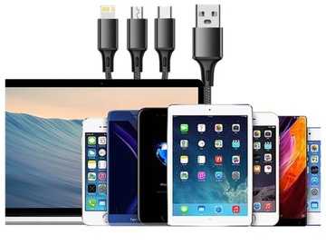 Кабель 3 в 1 USB — Lightning + USB-C + microUSB, 1,0 м, 2,1 А, нейлон