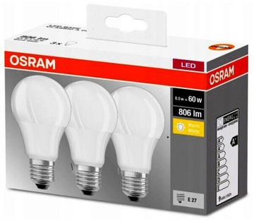 Osram 3x Żarówki LED A60 E27 8,5W=60W 806LM 2700K