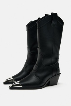 ZARA 39 NOWE czarne kowbojki METALOWY NOSEK