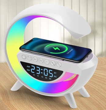 Lampka LED Ładowarka QI Głośnik RGB RADIO ZEGAR