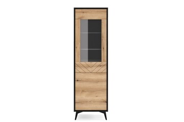 Witryna Wysoka Szklane Półki Metal Dąb Czarny Loft