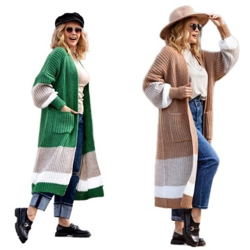 Kardigan sweter długi w pasy plus size