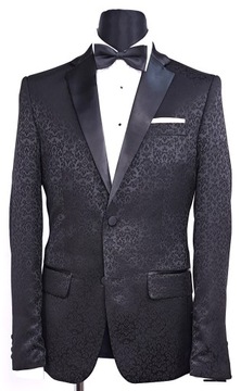 CZARNY ŻAKARDOWY GARNITUR SMOKINGOWY ŚLUBNY SLIM FIT R48/90/176 M437