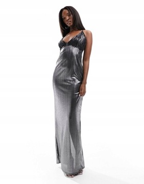 Asos Design NG7 sge metaliczna maxi sukienka koronka rozporek ramiączka S